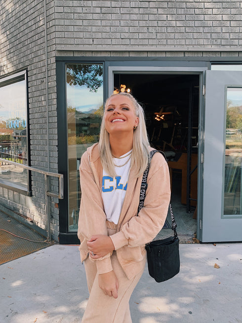 Wake Up Late Hoodie// Tan